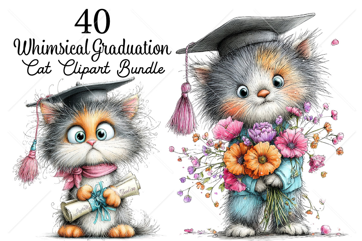 Whimsical Graduation Cat Clipart PNG, a Seasonal Illustration by Canvas Craft (Photo 1 of 10)