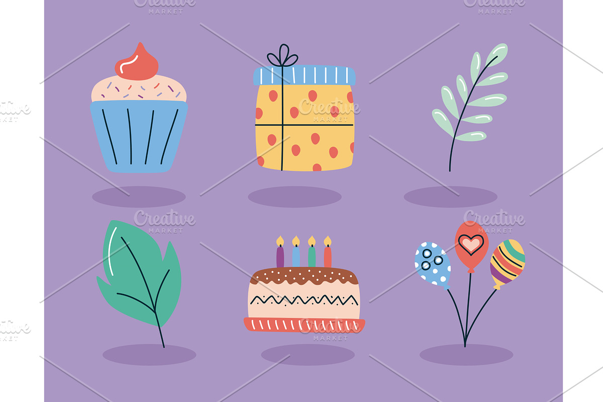six brithday party icons, an Illustration by studiogstock