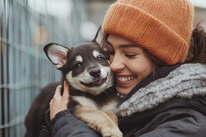 Woman smiles while holding a puppy w, an Animal Photo by Pixeness Studio