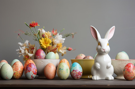 Colorful easter eggs with ceramic bunny, a Holiday Photo by AlyaAnd