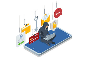 Isometric hooded hacker on a, a Technology Illustration by Golden Sikorka