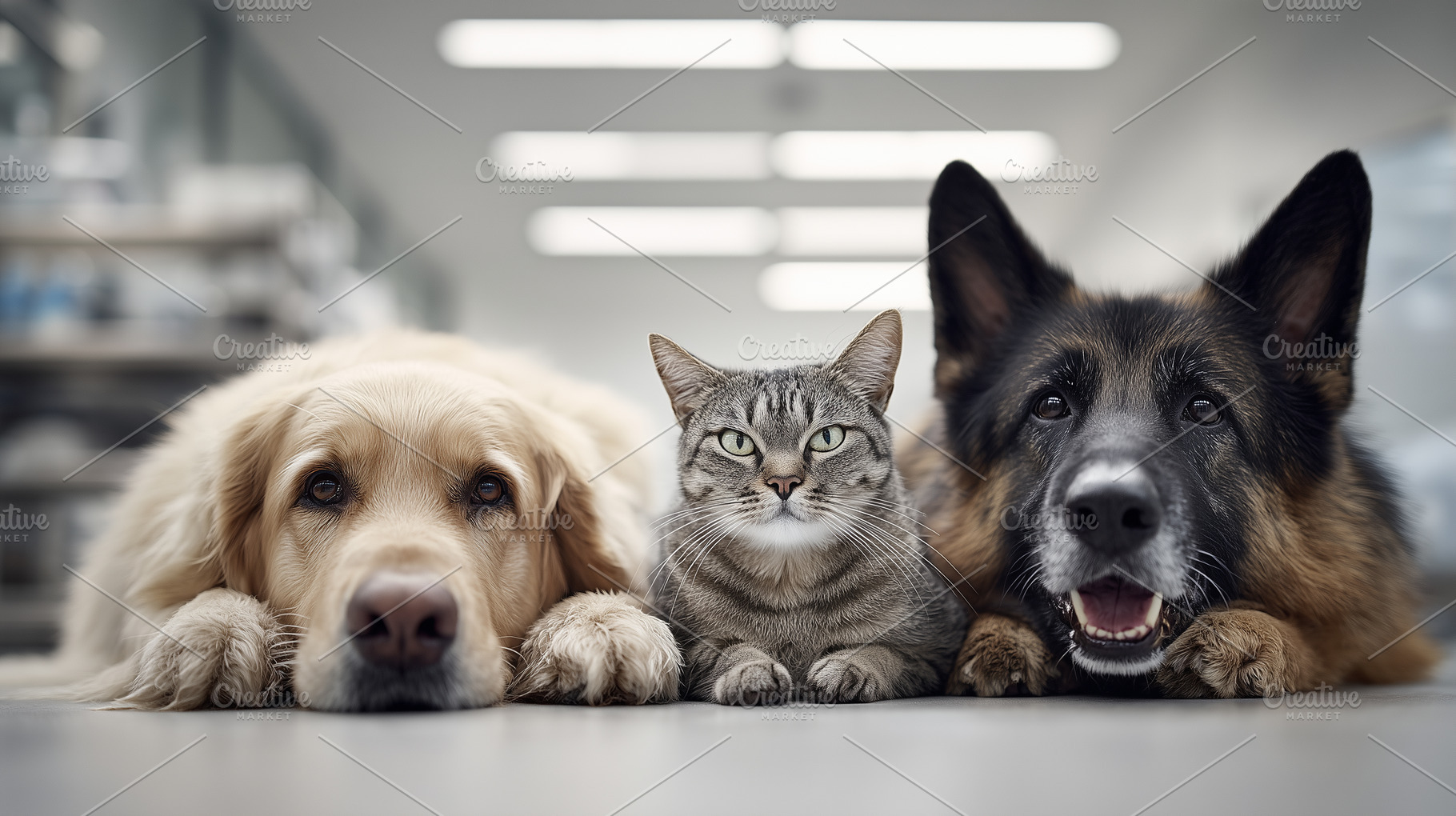 Two dogs and a cat lying together, an Animal Photo by MistyDay