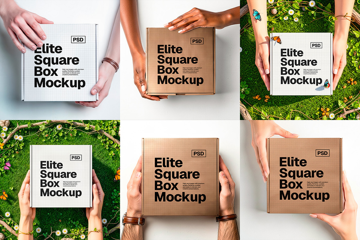 Square Box Packaging Mockup & Hands, a Packaging Mockup by Elite Mockups (Photo 1 of 8)