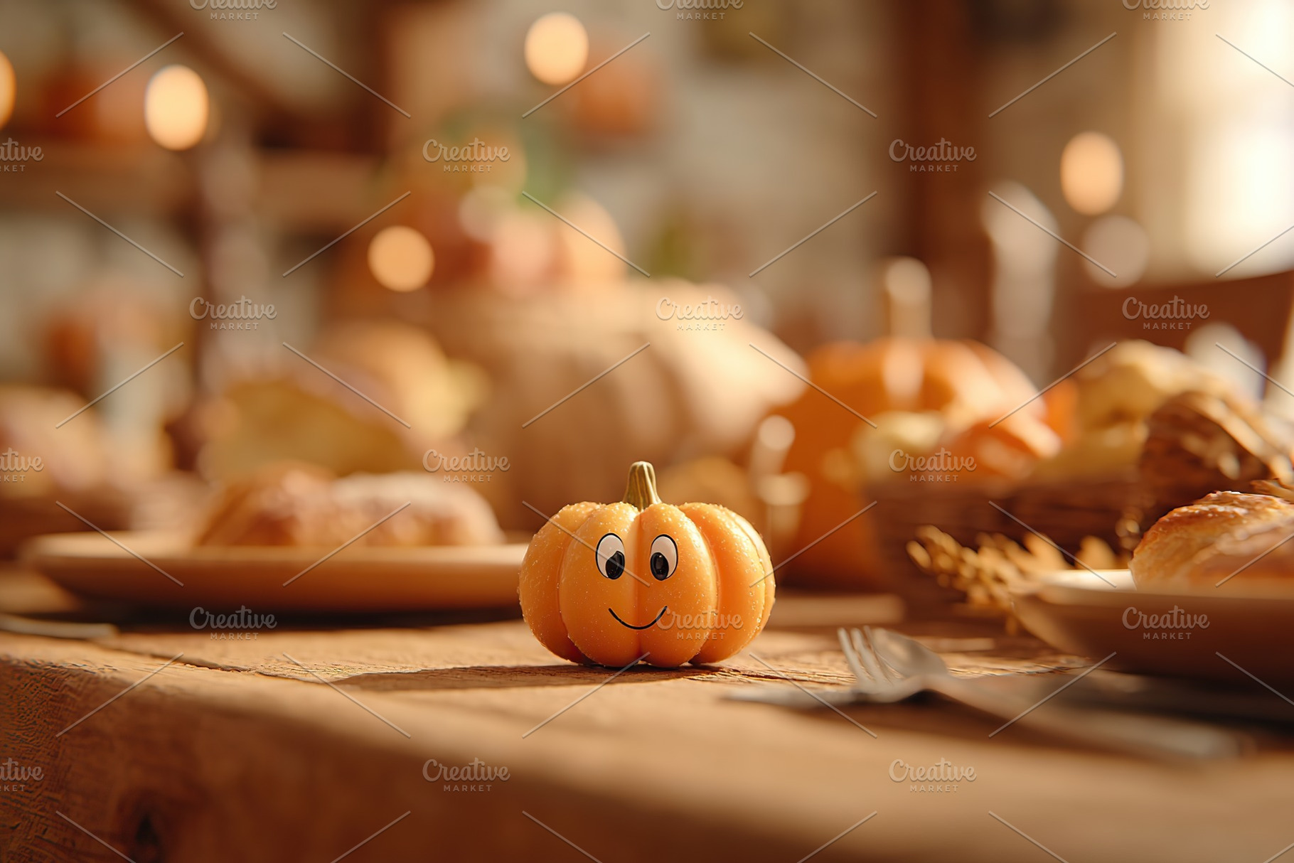 Sneaking cute pumpkin at a Thanksgiving table filled with delicious food and wa, a Holiday Photo by AlyaAnd