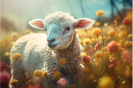 Cute baby lamb on floral farmland, an Animal Photo by Ylivdesign