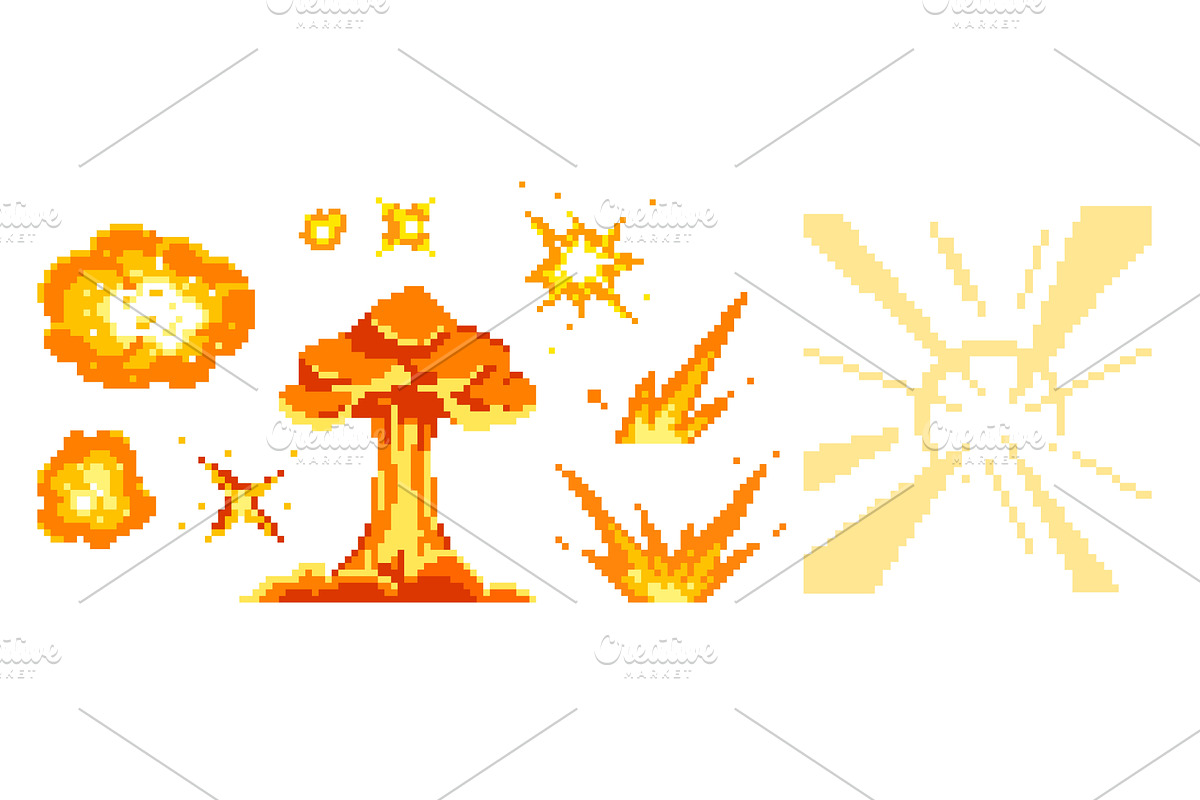 Bright pixel explosions with clouds, an Object Illustration by art PVP - market