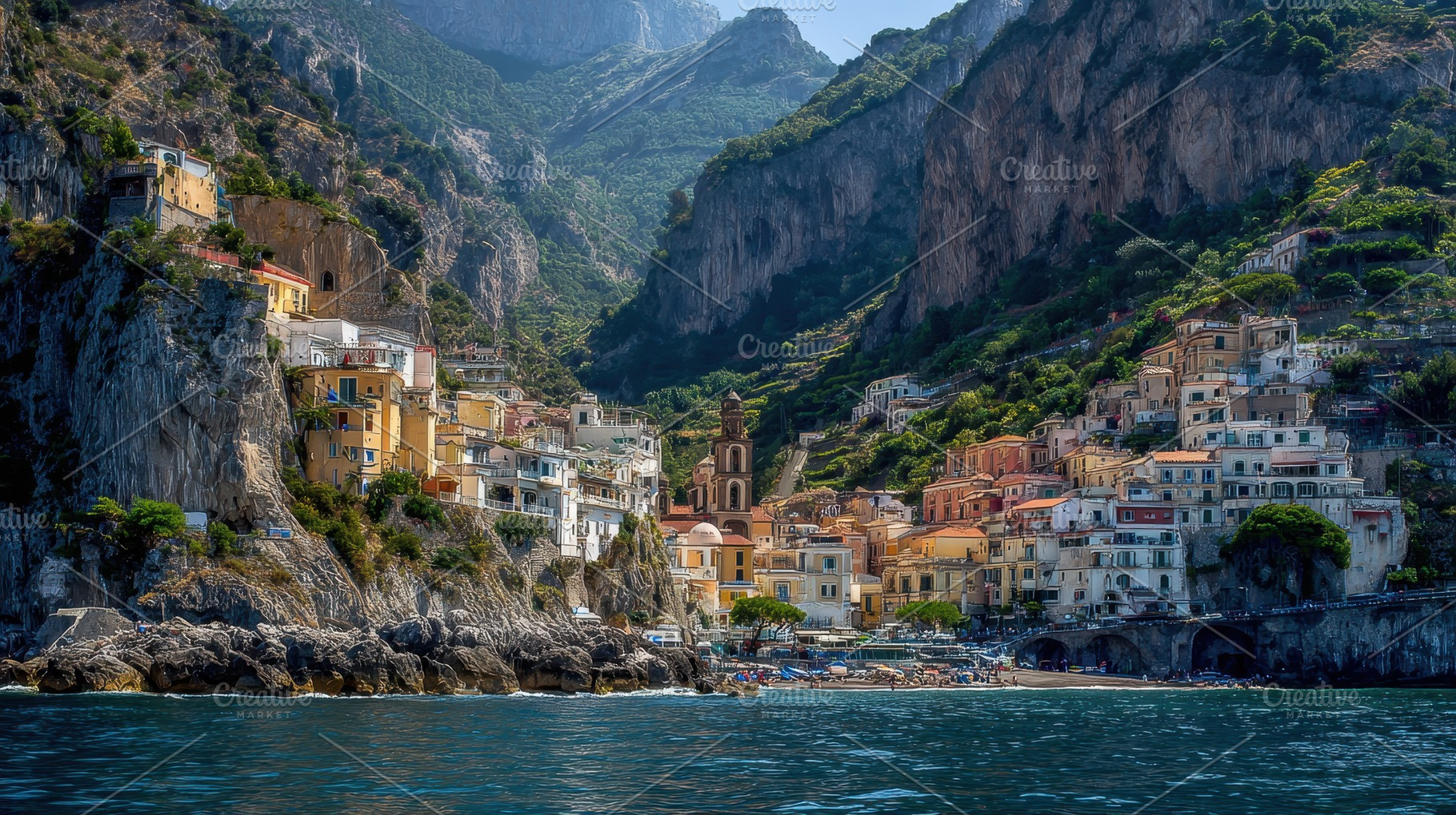 Picturesque coastal village nestled, a Photo by Pavel_design