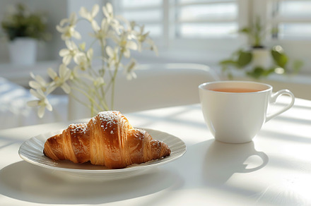 Cup of tea and croissant on white kitchen table, a Food & Drink Photo by AlyaAnd