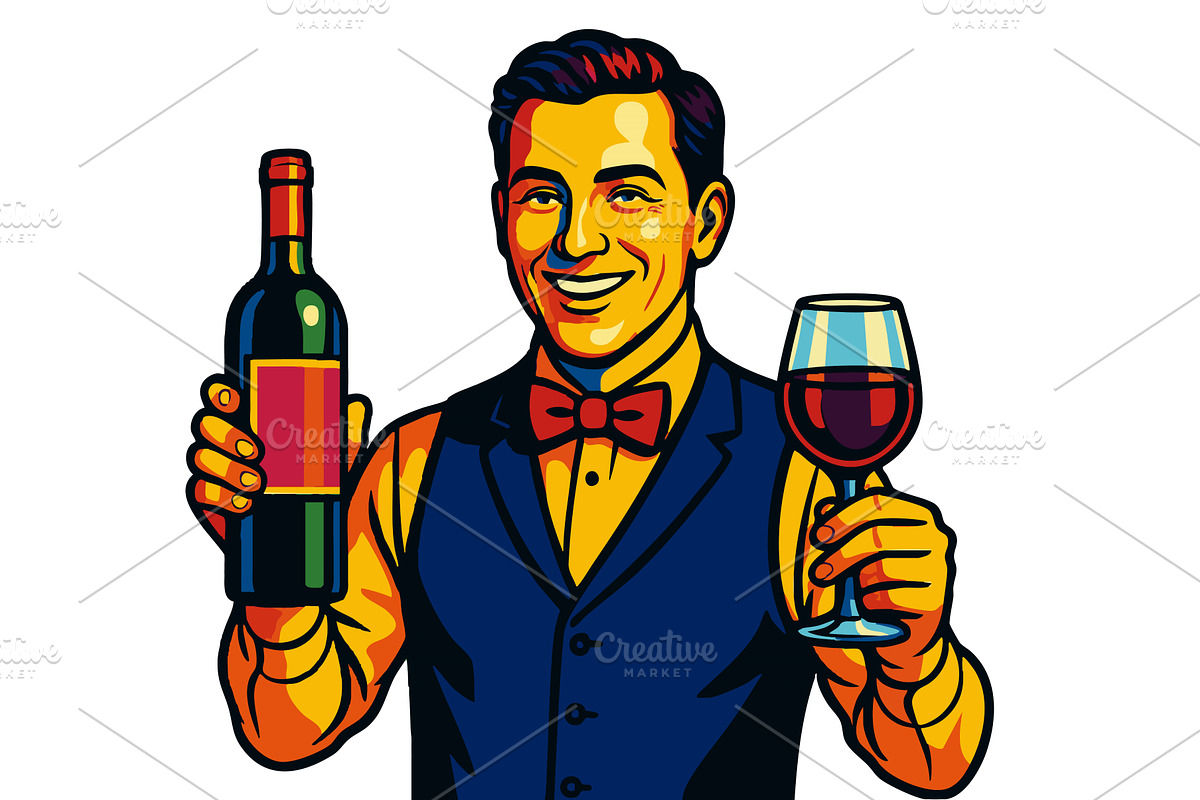 sommelier holding wine bottle and, a Person Illustration by AlexArt