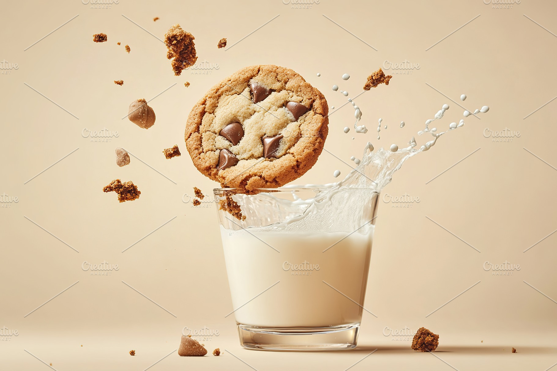 Chocolate cookie falling into glass with white milk, a Food & Drink Photo by AlyaAnd