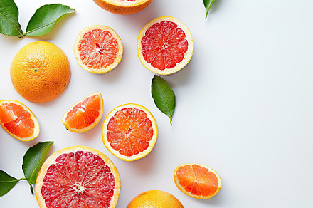 Fresh and tasty grapefruits with green leaves on white background, a Food & Drink Photo by AlyaAnd