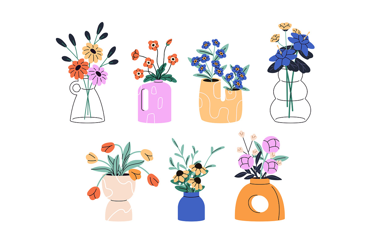 Flowers in vases set + backgrounds, a Decorative Illustration by PaperTrident (Photo 2 of 8)
