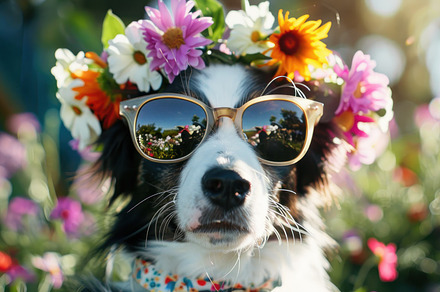 Fashion-Forward Pooch Poses with Floral Flair and Shades - Generative AI, an Animal Photo by José Manuel Gelpi