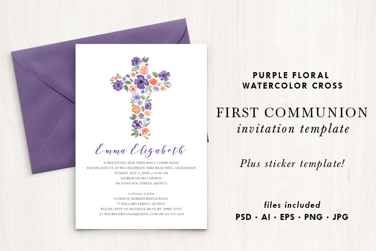 Watercolor Purple Flower Cross, an Invitation Template by La Bella Rue (Photo 1 of 4)