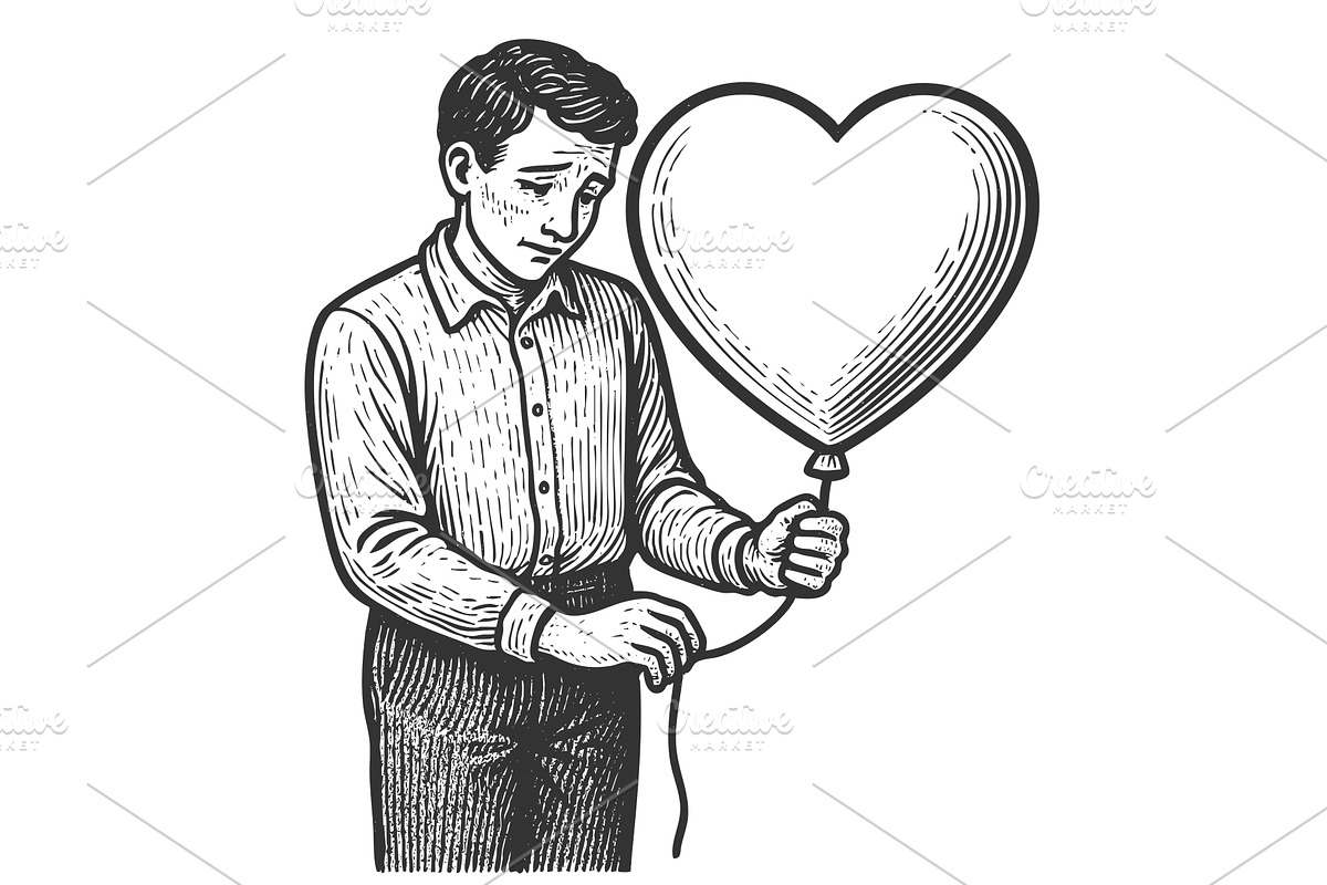 Shy man holding heart balloon vector, a Person Illustration by AlexArt