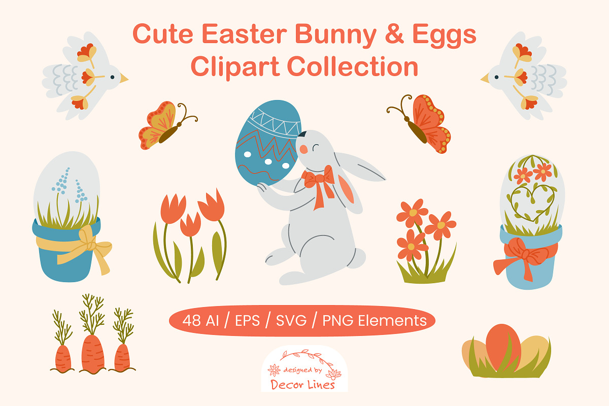 Cute Easter Bunny & Eggs Clipart, a Seasonal Illustration by Decor Lines (Photo 1 of 9)