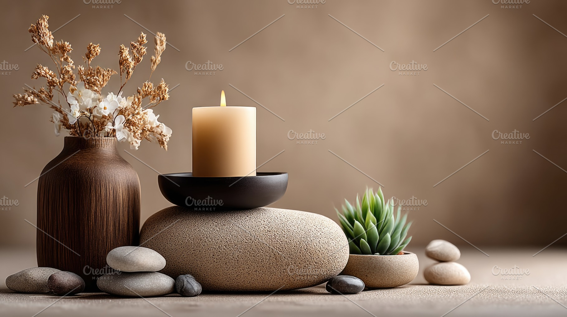 Wellness Spa Still Life with Candle, Flowers and Succulent, a Background Photo by José Manuel Gelpi