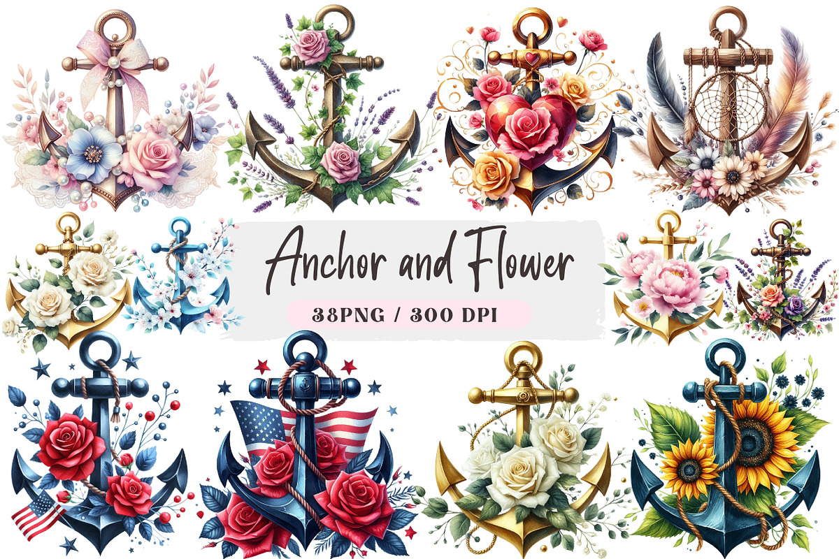 Anchor and Flower Clipart PNG, an Illustration by DreamArtGraphic (Photo 1 of 4)