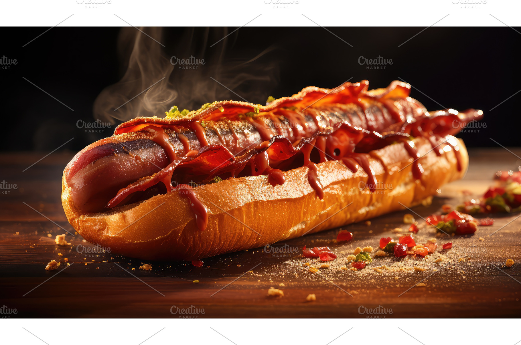 crispy bacon wrapped hot dog ai, a Food & Drink Photo by pikepicture