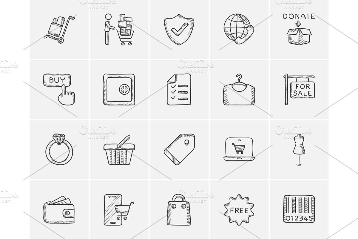 Shopping sketch icon set., an Outline Icon by Visual Generation