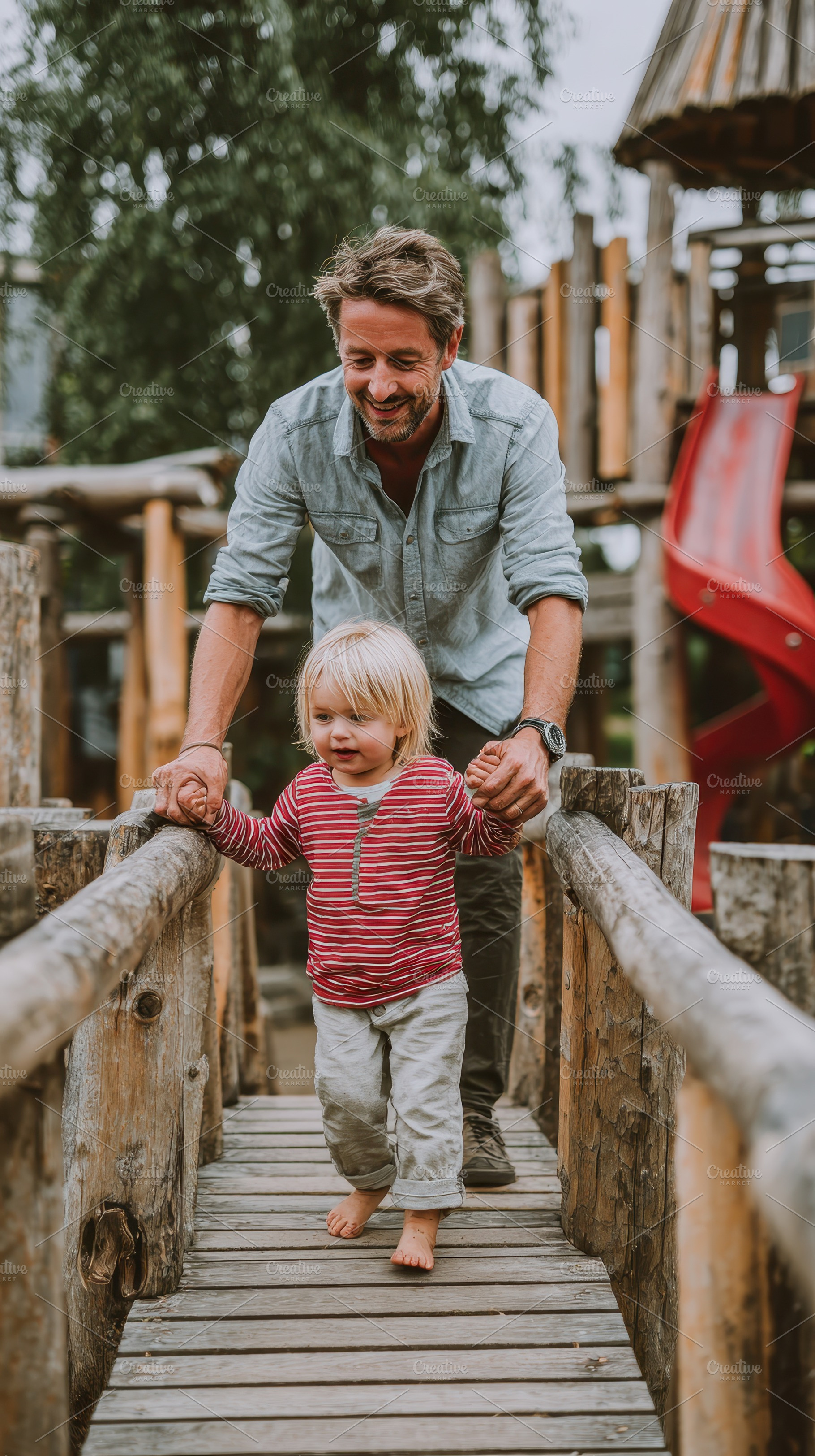 Father and toddler son walking woode, a Photo by Pixeness Studio