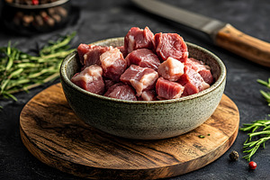 Raw beef cubes in ceramic bowl on da, a Food & Drink Photo by Photostock