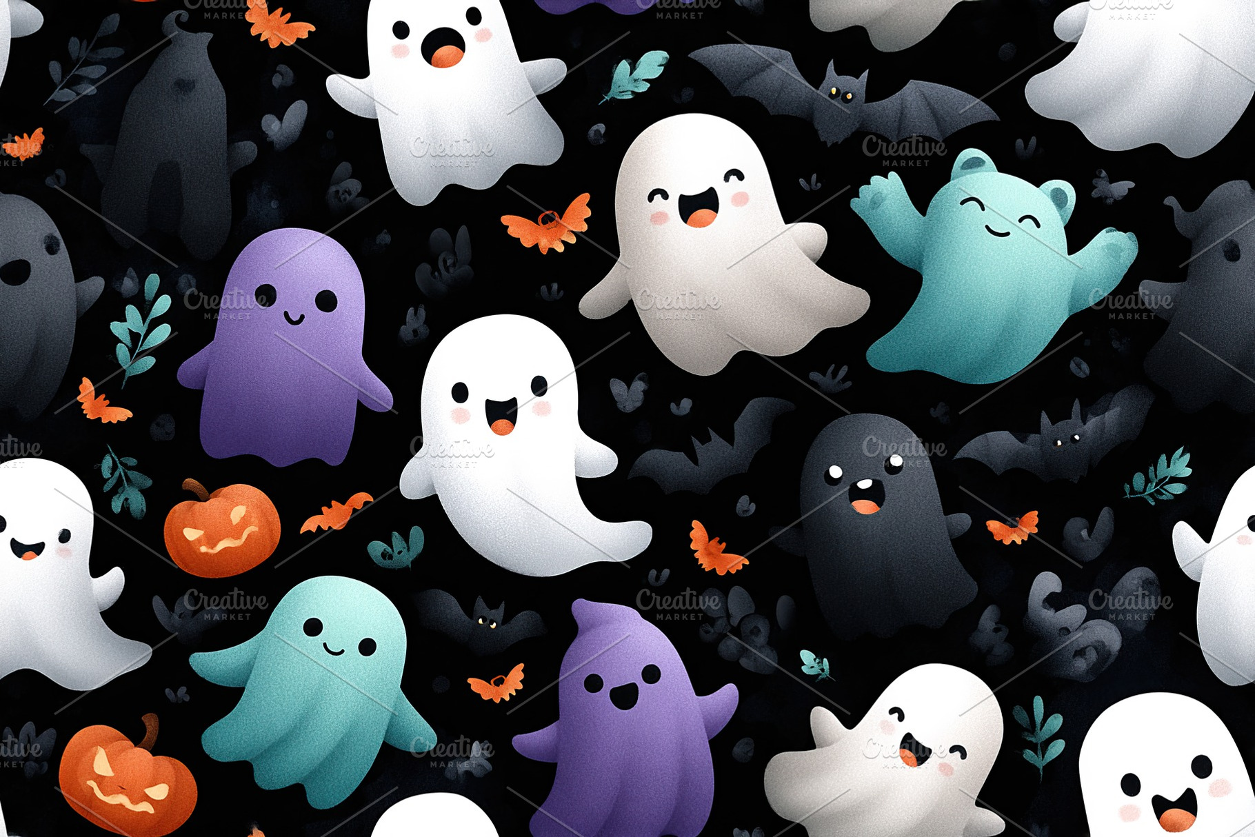 Charming Halloween background pattern with playful ghosts and pumpkins, a Background Photo by OSORIOartist