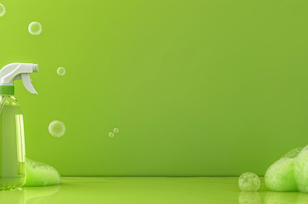 Spray bottle with green liquid and foam on green background, a Photo by Dvoevnore photos