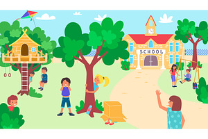 Kids play at school yard, happy