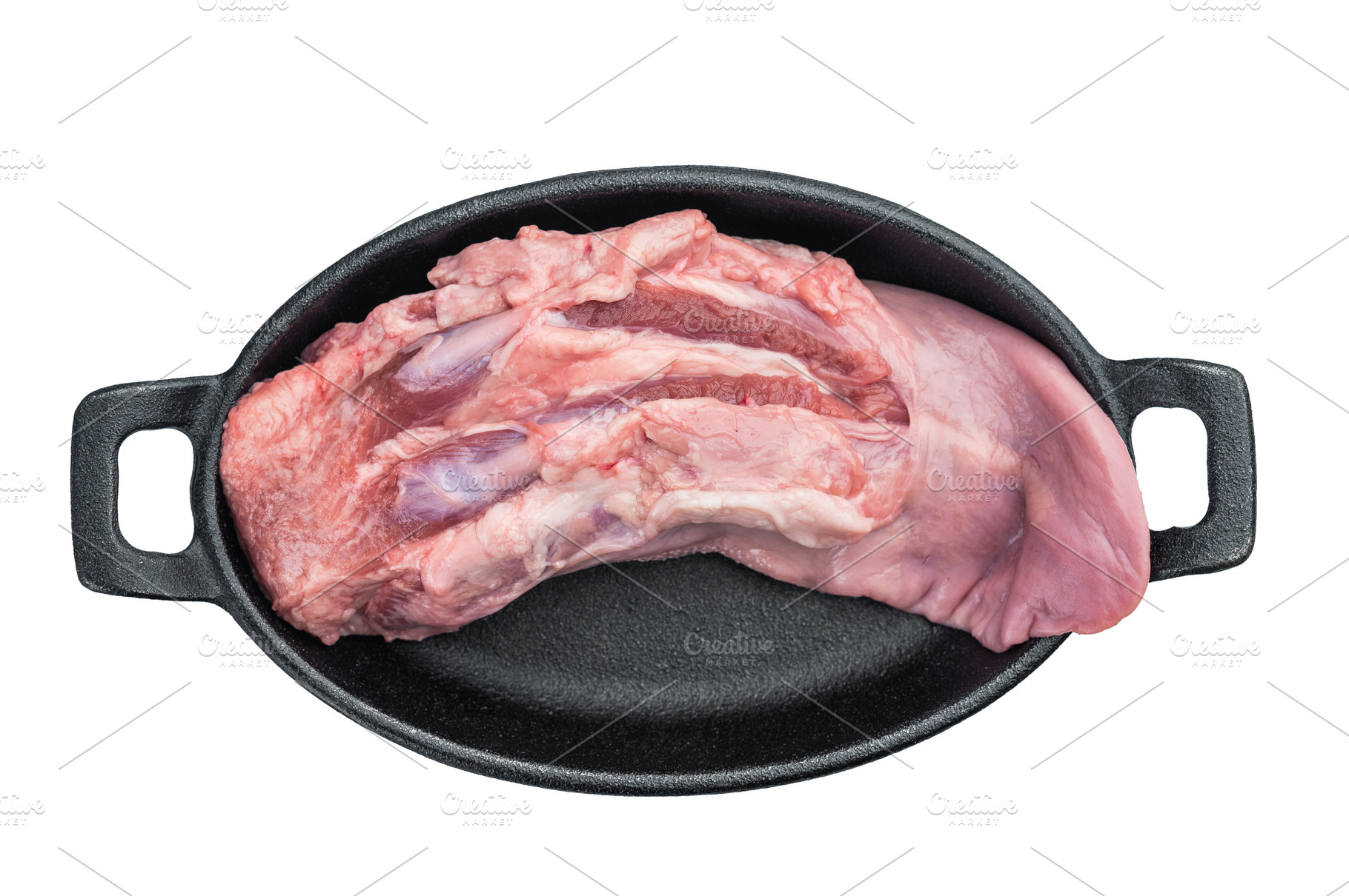Raw pork tongue placed in cast iron pan on white background fres, a Food & Drink Photo by composter-box@mail.ru