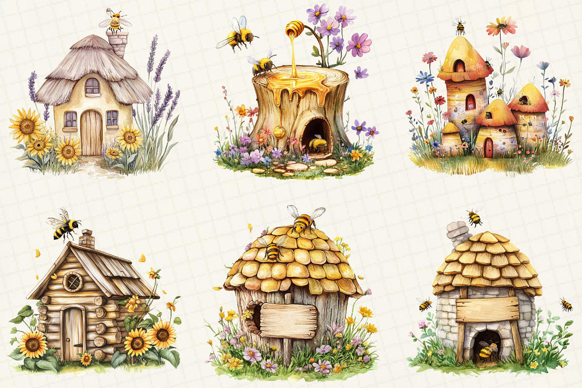Watercolor Bee Home Clipart, an Illustration by OK Design (Photo 3 of 5)