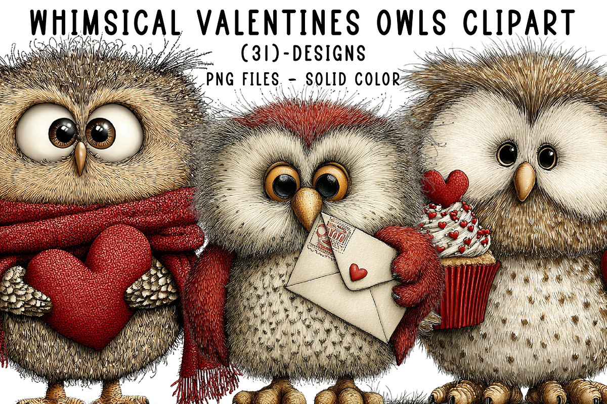 Whimsical Valentines Owls Clipart, an Illustration by CreationArt (Photo 1 of 5)