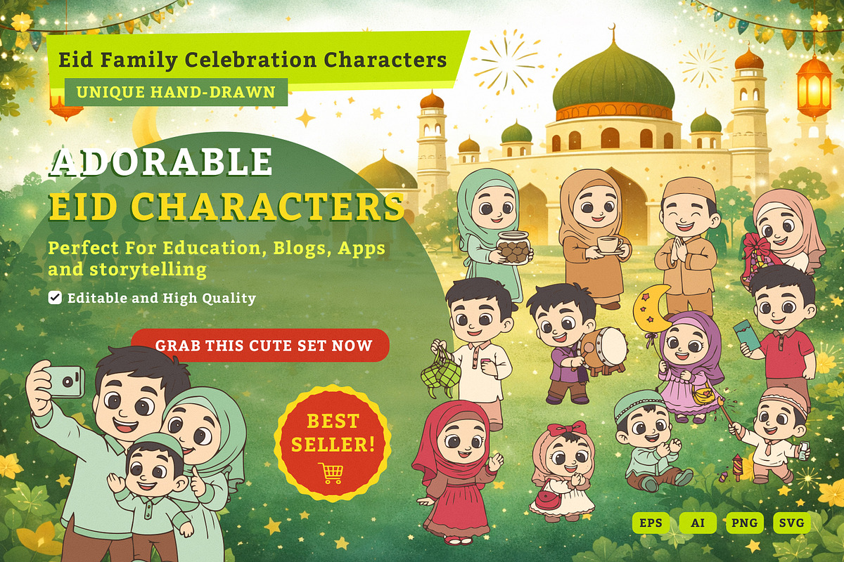 Eid Family Celebration Characters, an Illustration by MEANDSTUDIO (Photo 1 of 5)