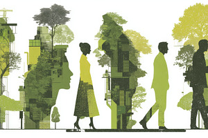 Ecology and business people in green urban silhouettes illustrating sustainabil, a Photo by AS photostudio