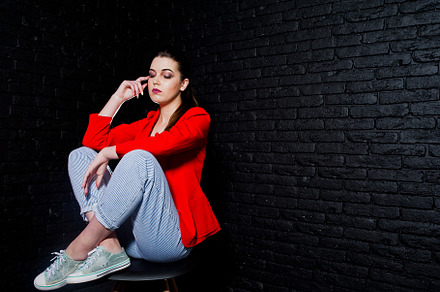 Stylish brunette girl on red jacket featuring caucasian, clothes, and glamour, a Beauty & Fashion Photo by AS photostudio