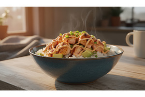 Warm salmon and avocado rice bowl on, a Background Photo by Igor Tichonow