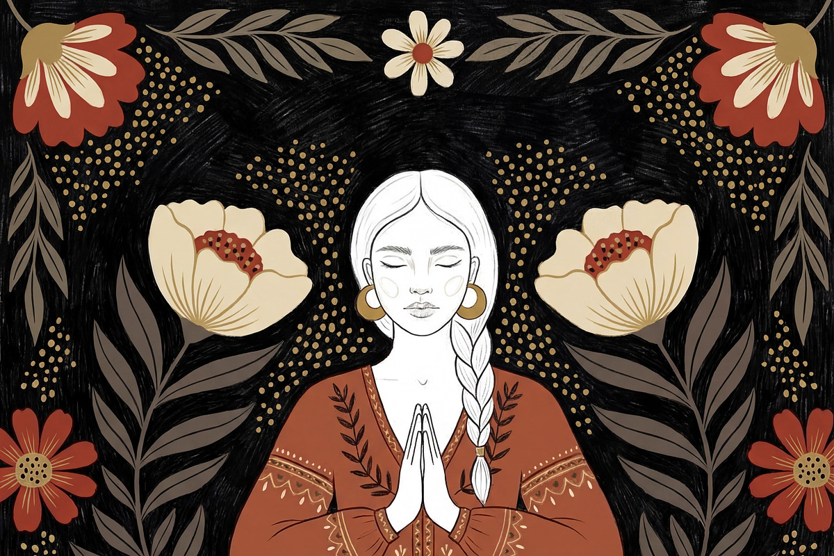 Meditating Woman in Folk Art Style, a Decorative Illustration by Virgo Studio