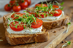 Sandwich with cream cheese, microgreens and tomatoes on wooden table, a Food & Drink Photo by AlyaAnd