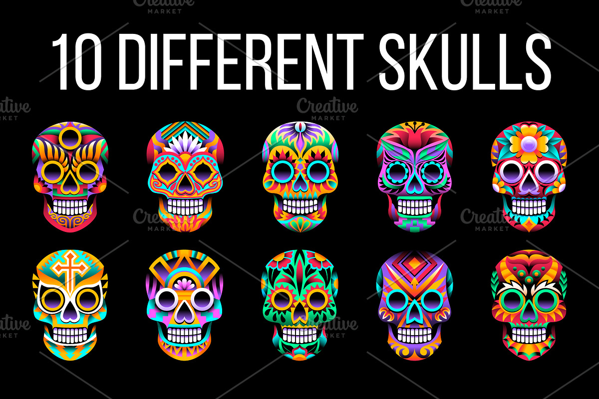 10 Ornamental Vector Mexican Skulls, a Decorative Illustration by Andres M Rodriguez (Photo 2 of 2)