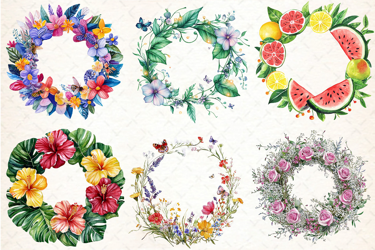 Watercolor Summer Wreath Clipart, an Illustration by DreamCafeArt (Photo 2 of 7)
