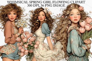 Whimsical Spring Girl Flowing Clipar, an Illustration by Canvas Craft