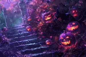 Spooky pumpkin-lit pathway, ideal for enchanting Halloween story, a Holiday Photo by Mashimara