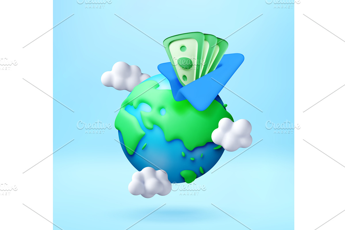 3D Paper airplane flying with money, a Finance Illustration by Abscent