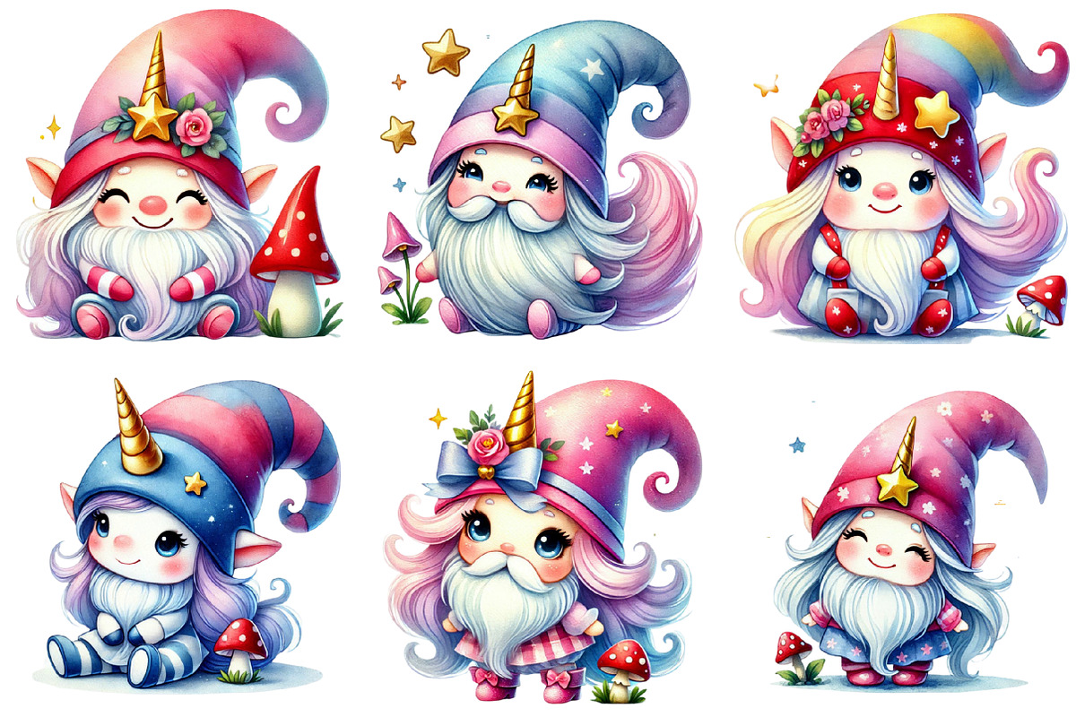 Watercolor Unicorn Gnome Clipart, an Illustration by Sublimation Artist (Photo 2 of 6)