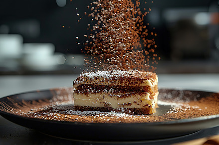 A rich tiramisu dessert sprinkled wi, a Photo by LOGOCREATIVE