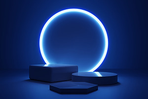 Cyberpunk blue empty podium with glowing lamp frame in the dark for product pre, an Arts & Entertainment Photo by Ministocker