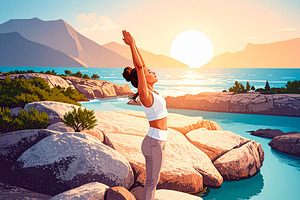 Woman stands on rocky coast holding a yoga pose with arms raised, a Healthcare Illustration by DanFLCreativo