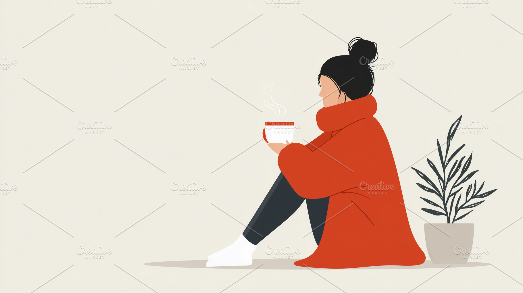 Woman in a cozy red sweater sits on, a Person Photo by MistyDay