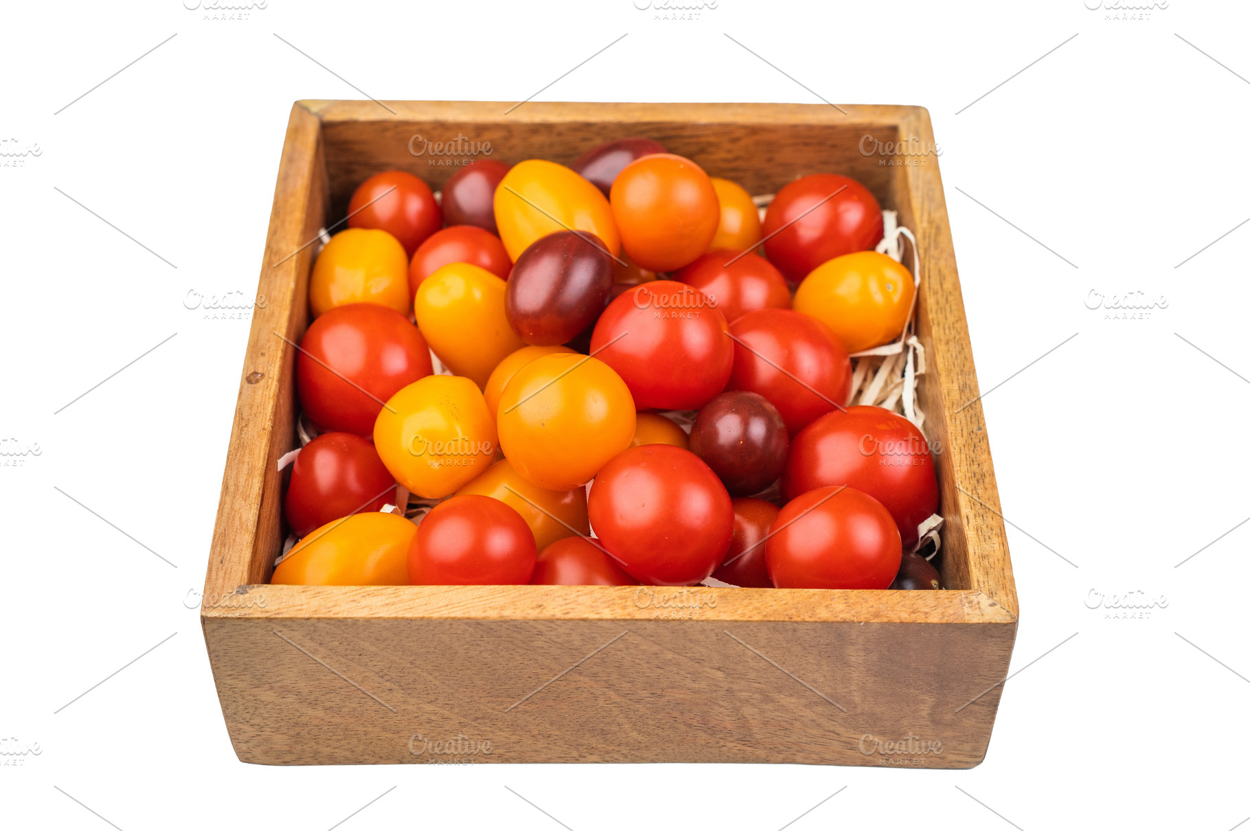 Mixed heirloom cherry tomatoes in a rustic wooden box overhead s, a Food & Drink Photo by composter-box@mail.ru