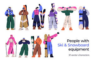 People with skis & snowboards set, a Sport Illustration by Good Studio